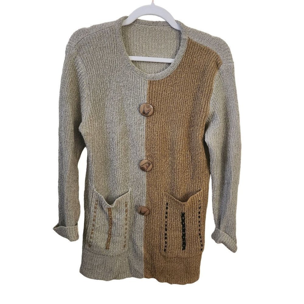 Unique Wool Blend Embroidered Neutral Large Button Pullover Sweater Size M